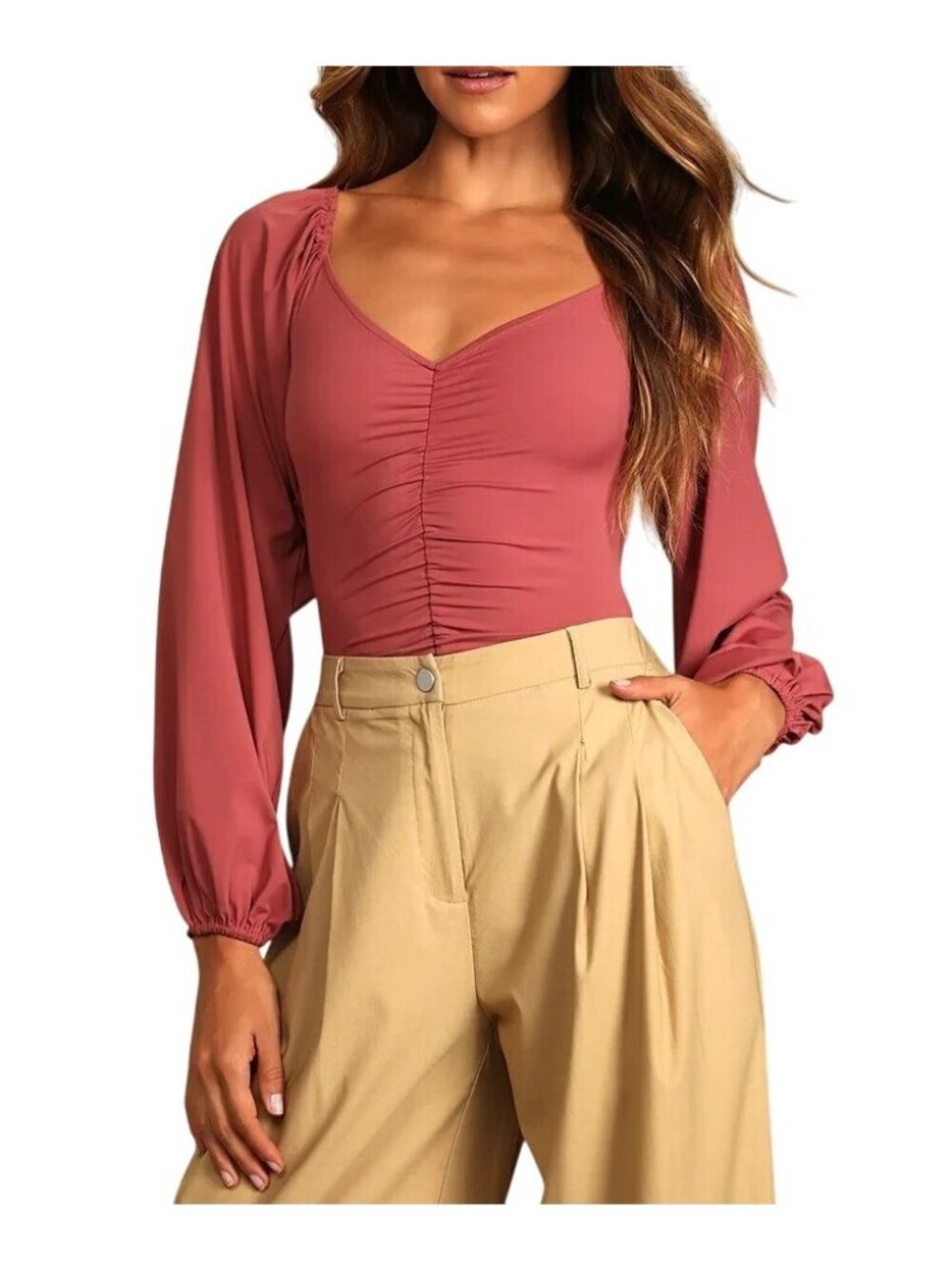 Lulus Certified Flirt Rusty Rose Ruched Long Sleeve Thong Bodysuit Size Small